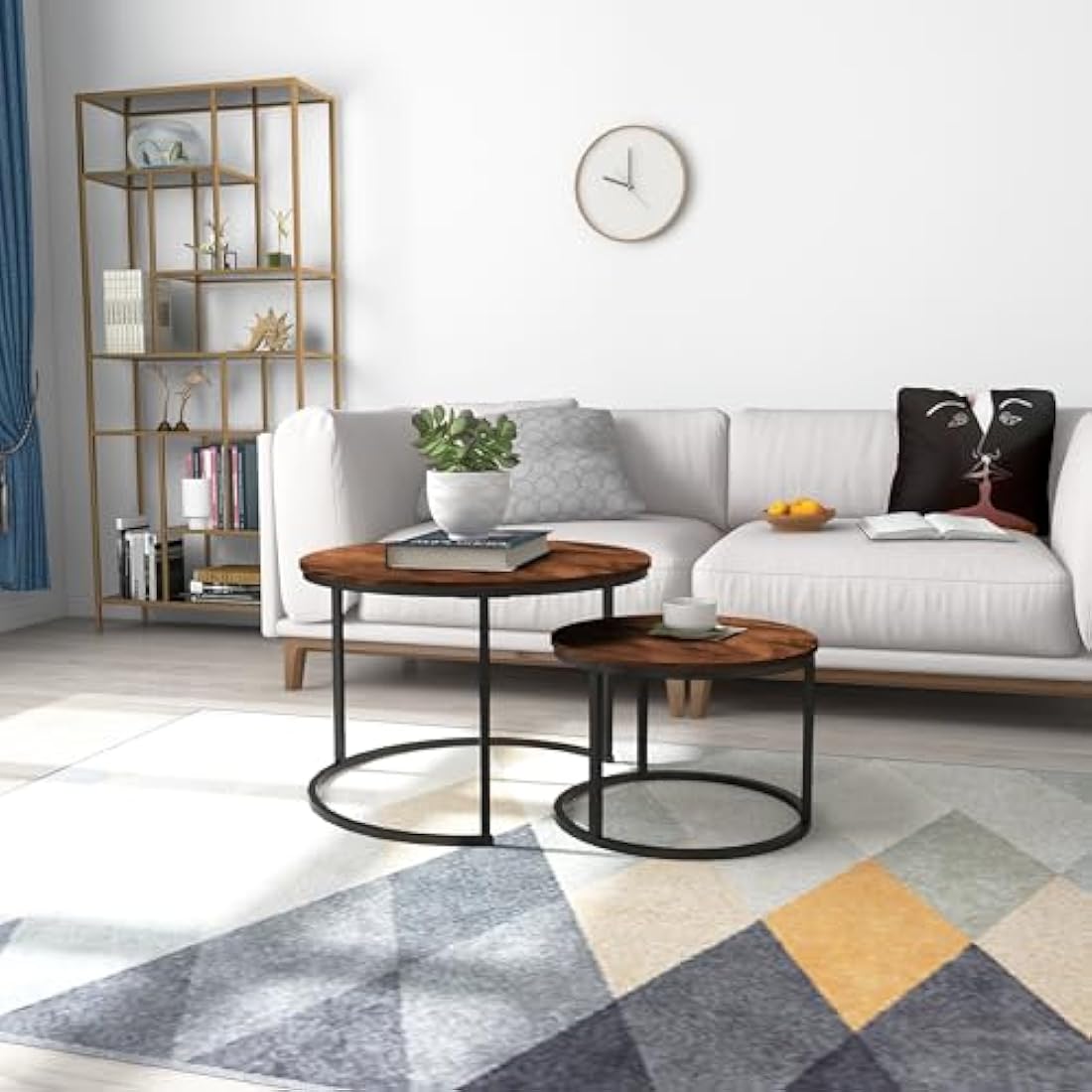 Round Nesting Coffee Table Modern Nesting Side Set of 2 End Table for Living Room,Round Wooden Accent Coffee Table with Solid Powder-Coated Metal Frame, Rustic Brown/Black
