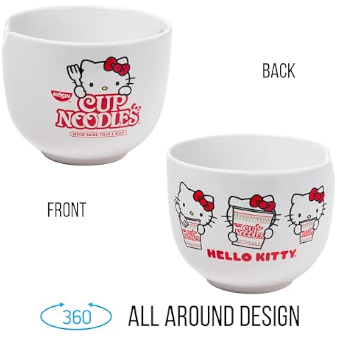Silver Buffalo Hello Kitty Cup Noodles Nissin Boxed Ceramic Ramen Noodle Bowl with Chopsticks, 20oz