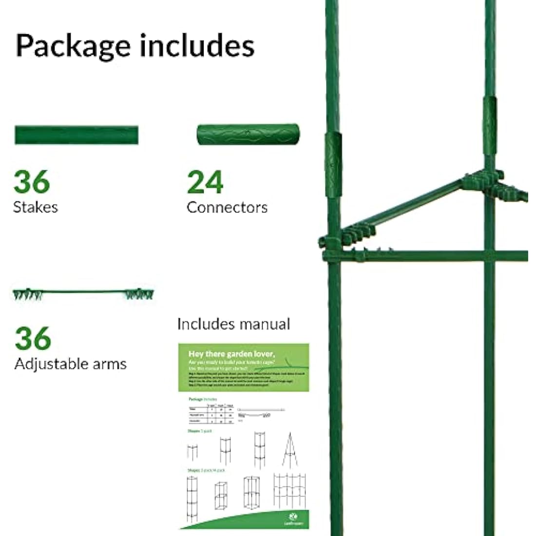 LeafImpact 4-Pack Adjustable Metal Tomato Cage | Green | Plant Support Cage | Square, Hexagonal, Teepee | For Vertical Climbing Plants & Vegetables