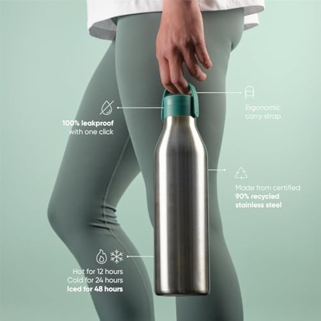 Circular & Co 1L/1000ml Recycled Stainless Steel Reusable Drinks Water Bottle – Insulated, Double Walled, Ecofriendly – Leakproof Lockable Lid – Dishwasher Safe, BPA & Melamine Free (Aquamarine Green)