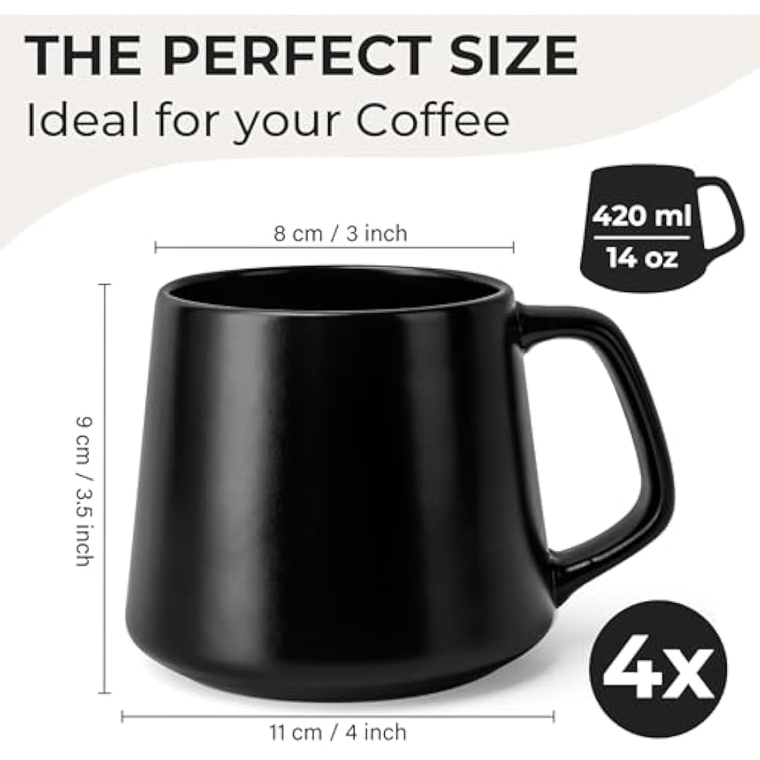 MIAMIO - Coffee Mugs Set of 4 / Large Ceramic Coffee Cups (420 ml) - Mug for Cappuccino, Tea, Espresso - Microwave and Dishwasher Safe - Luxe Collection (Black)