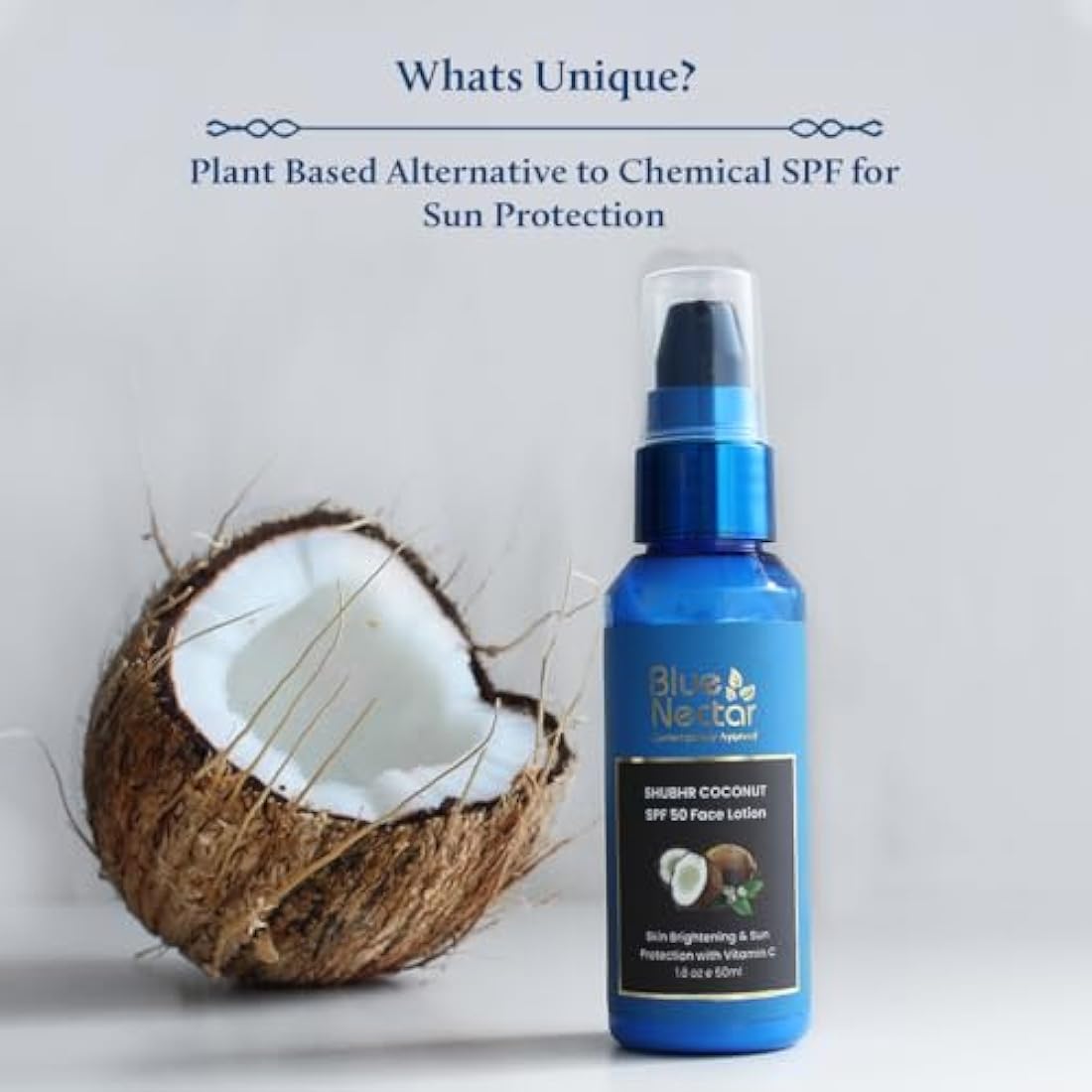 Blue Nectar Coconut Sunscreen SPF 50 Lotion | No White Cast, Plant Based Sunscreen with Vitamin C for Skin Brightening (18 Herbs, 50ml)