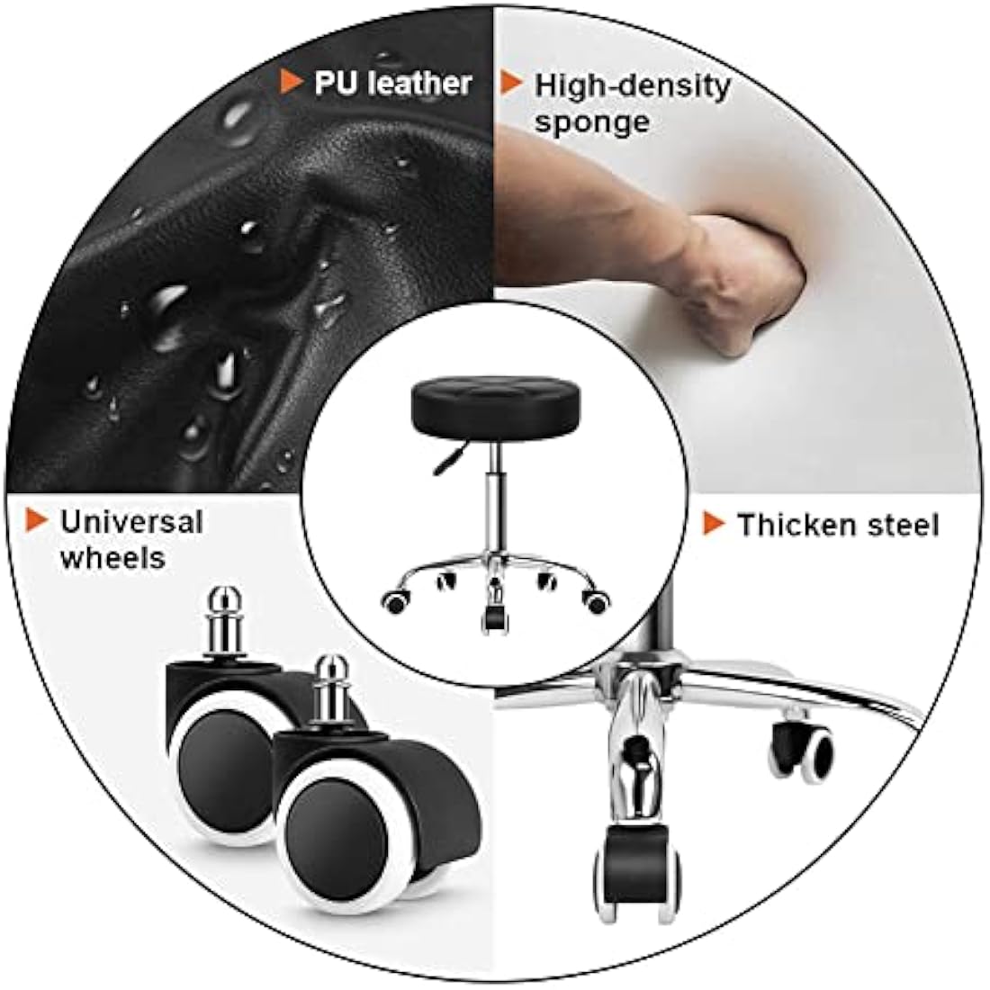 KKTONER Round Rolling Stool Chair PU Leather Height Adjustable Shop Stool Swivel Drafting Work SPA Salon Stools with Wheels Office Chair (Black)
