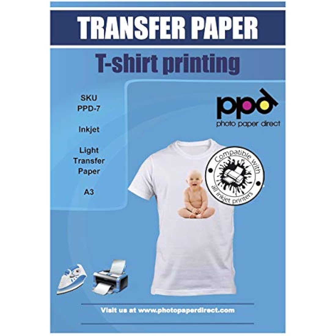 PPD Inkjet Premium T Shirts Transfer Paper A3 for Light and White Fabrics x 25 Sheets PPD-7-25