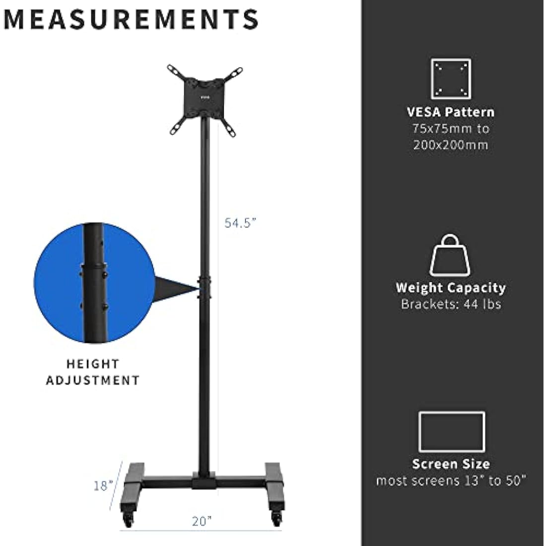 VIVO Mobile TV Display Stand for 13 to 42 inch LED LCD Flat Panel Screens, Rolling Floor Stand Height Adjustable Mount with Wheels STAND-TV07W