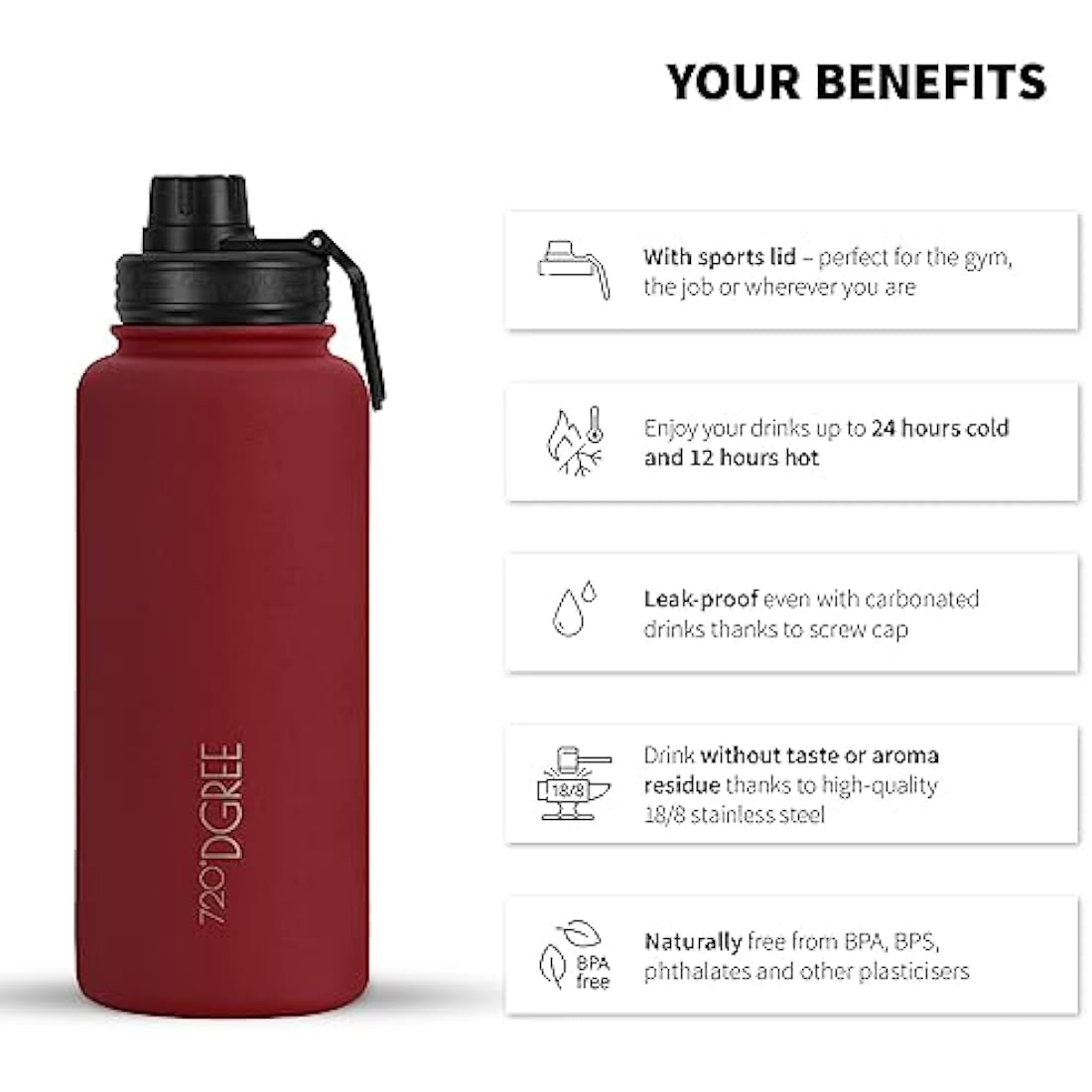 720°DGREE Vaccum Insulated Water Bottle + Infuser “noLimit“ - 950ml - Leakproof, BPA-Free, Thermo Stainless Steel Flask - Carbonated Drinks, Sports, School, Travel, Hiking, Outdoor +Sports-Cap