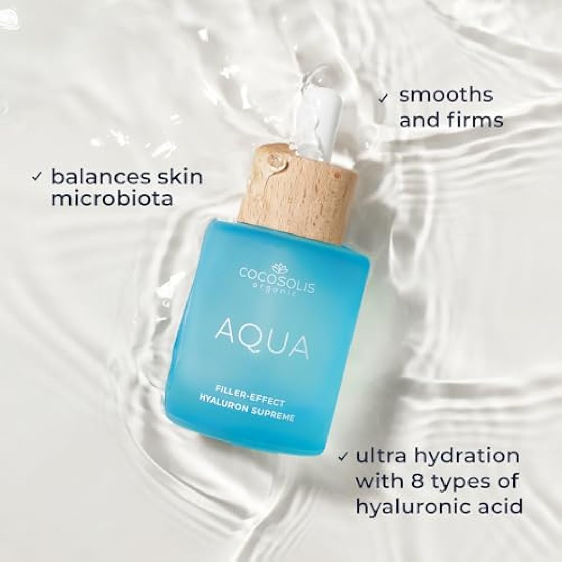 COCOSOLIS AQUA Filler-Effect Hyaluron Supreme facial serum with 8 types of hyaluronic acid and Aquaxyl™, vegan anti-age day care with ultra hydration