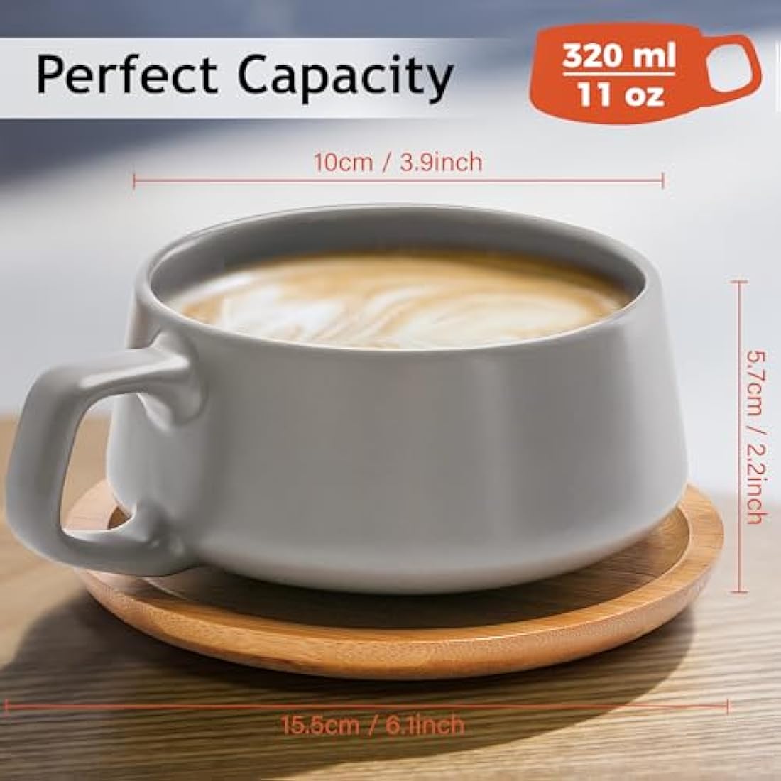 MIAMIO – 320 ml, Set of 4 Ceramic Tea Cup and Saucer Bamboo/Tea Mug - Wide Cappuccino Cup, Coffee Cups Ceramic Mug for Cappuccino, Latte, Espresso & Americano - Luxe Collection (Classic Pastel)