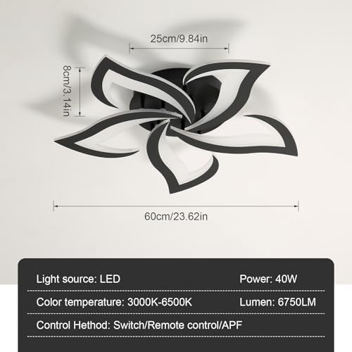 Comely LED Ceiling Light Dimmable, Black Ceiling Lamp with Remote Control, 40W 4700LM 3000K-6500K Dia 60cm, Acrylic Modern Ceiling Light for Bedroom Living Room [Energy Class E]