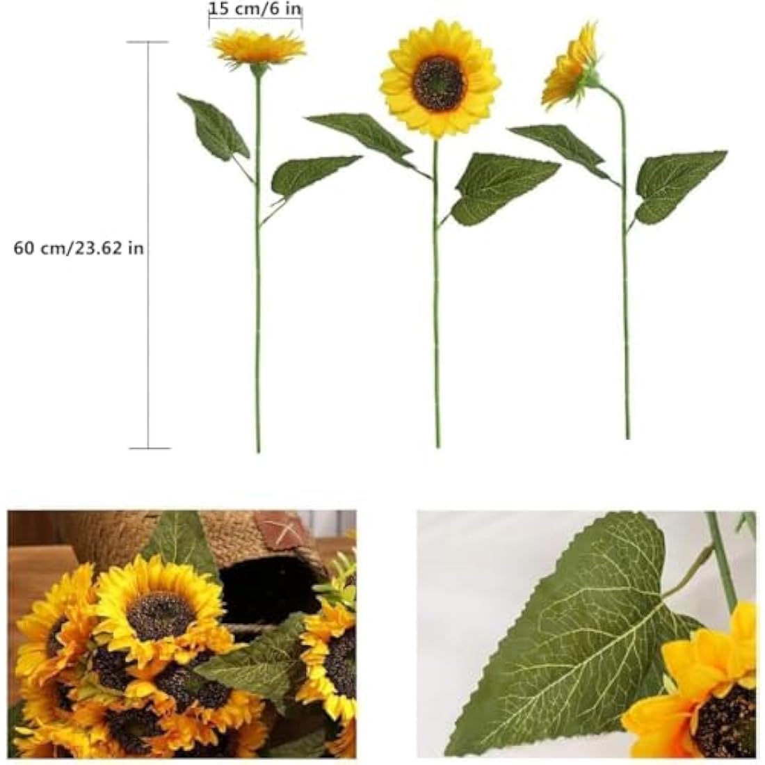 Laelfe Large Artificial Sunflowers, 60 cm Extra Long Stem Fake Silk Sunflowers Bulk for Tall Vases, Wedding Arrangements, Birthday Party, Graves, Office, Outdoor, Home Decorations (Dark Center, 6 Pcs)