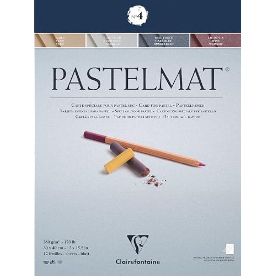 Clairefontaine - Ref 96112C - Pastelmat Pastel Card Pad No.4 (12 Sheets) - 360gsm Card - 30 x 40cm - Assorted Colours - Specially Formulated For Use With Pastels