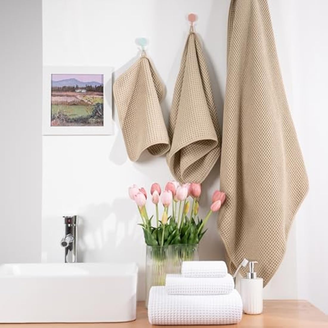 POLYTE Microfibre Oversize, 76 x 152 cm, Quick Dry Lint Free Bath Towel Set, 6 Piece (White,Beige, Waffle Weave)