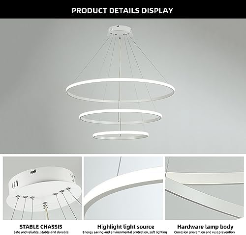 Led Chandeliers Ceiling Light,Dimmable 3 Ring Acrylic Chandelier Lighting Fixture,White Adjustable Pendant Light for Kitchen Island Dining Room Living Room Foyer Hanging 20+40+60Cm/(7.87+15.7+23.6)