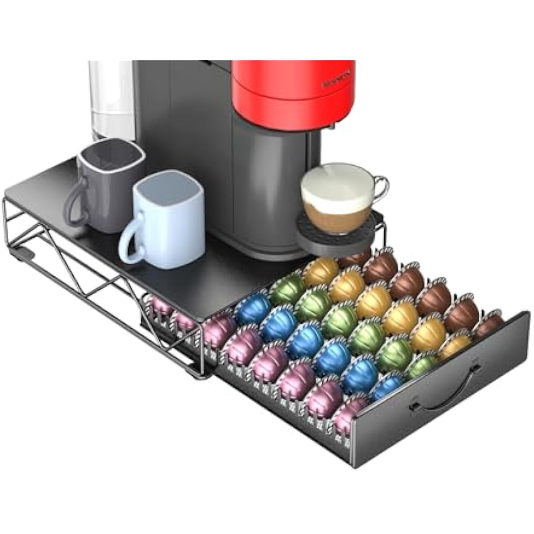 Multifunctional Metal Vertuoline Coffee Pod Holder for 60 Small or 40 Large Vertuo Capsules Pods & 40 Dolce Gusto Pods,Nespresso Vertuoline Capsule Drawer Organizer Coffee Machine Stand