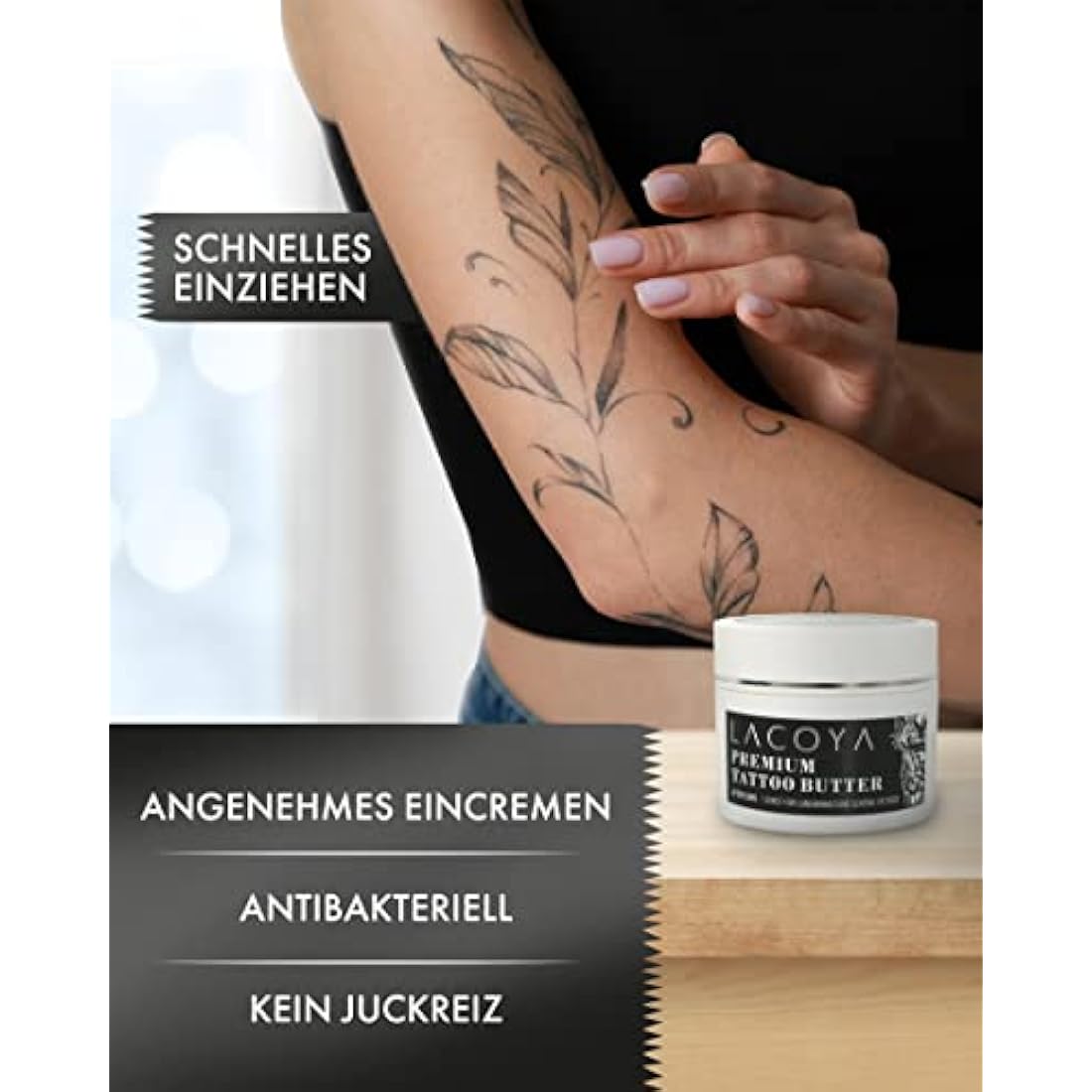 LACOYA® - Premium tattoo butter for freshly tattooed skin - care cream for daily tattoo after-care care care - tattoo cream with shea butter vegan breathable (made in Germany) - tattoo care balm