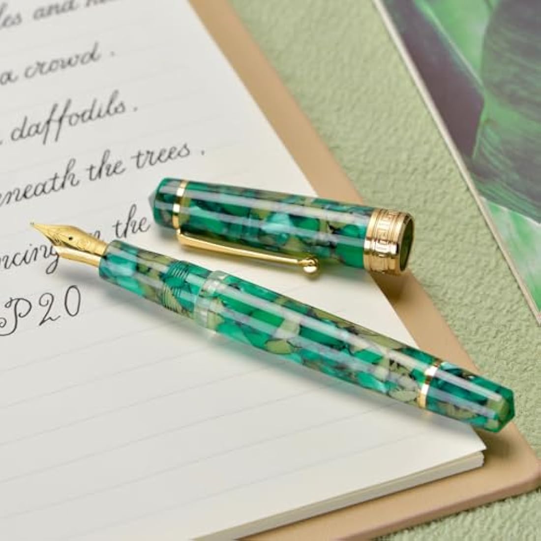 Asvine P20 Piston Fountain Pen Green Marble Acrylic, Medium Nib Gold Trim Smooth Writer Collection with Case Set