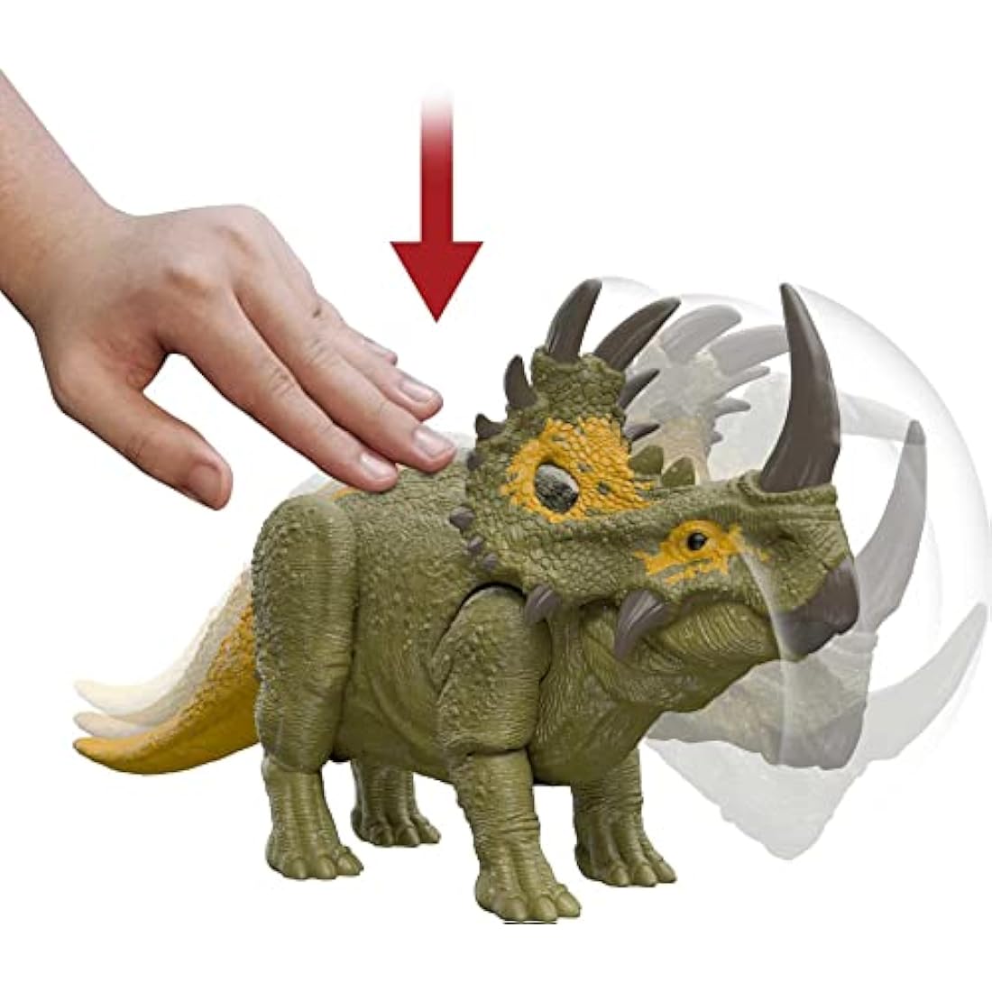 Jurassic World Dominion Roar Strikers Sinoceratops Dinosaur Action Figure, Roaring Sound and Head Ram Attack, Physical and Digital Play, 4 Years and Up