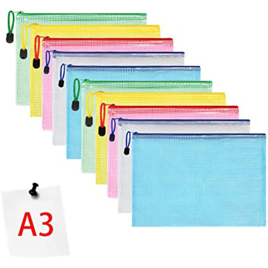 Vicloon Plastic Wallets, 10Pcs A3 Zip Lock Bags Mesh Document Wallet Document Folders Plastic Pockets Zipper File Wallet for School Office Homework Travel Storage Bags