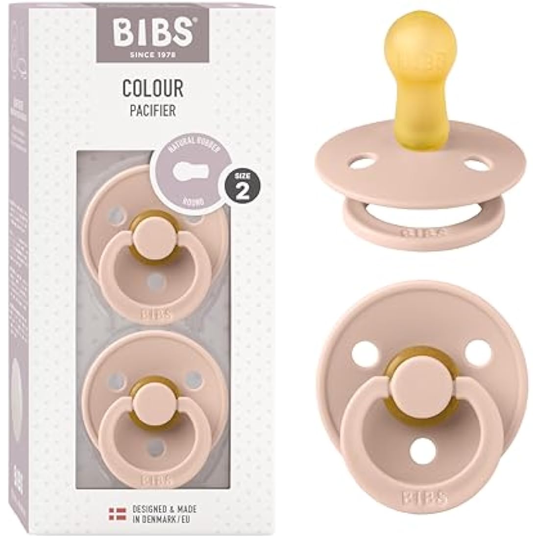 BIBS Colour Soother 2-Pack, BPA Free Dummy Pacifier, Round Nipple. Natural Rubber Latex, Size 2 (6-18 Months), Blush/Blush
