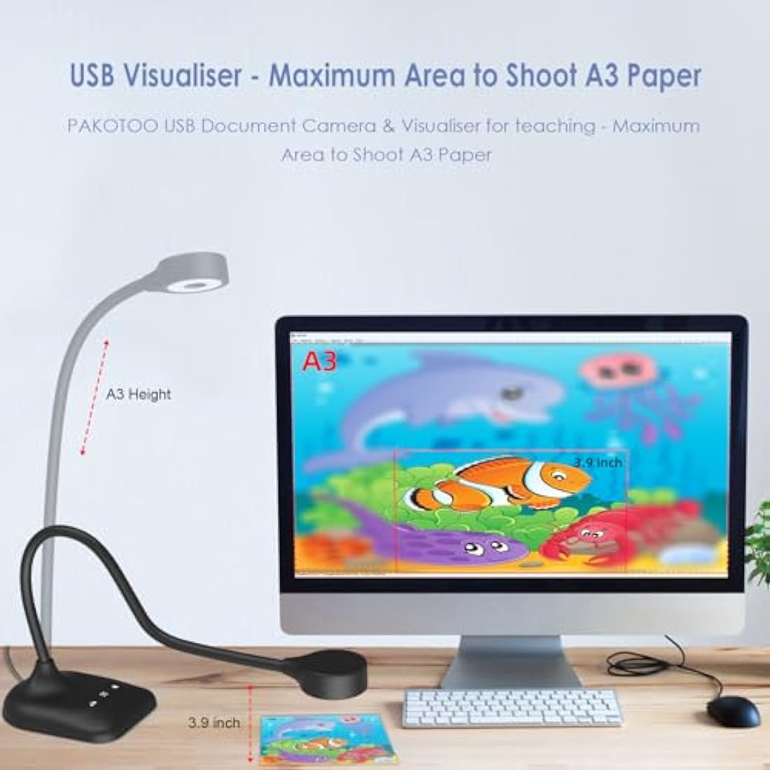 PAKOTOO Document Camera & USB Visualizer 5MP, for A3 Size, LED Light, iOS, Dual Microphone, Image Inversion, Folding with Zoom, Skype, Teams, OBS. for Windows, MacOS, Linux, Chromebook