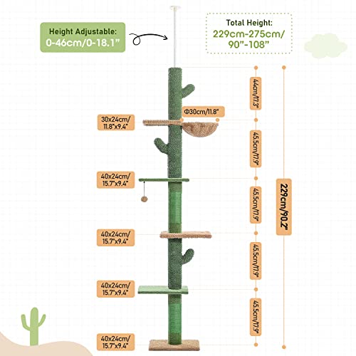 PAWZ Road Cactus Cat Tree Floor to Ceiling Cat Tower with Adjustable Height(229-275cm), 5 Tiers Cat Climbing Activity Center with Cozy Hammock,