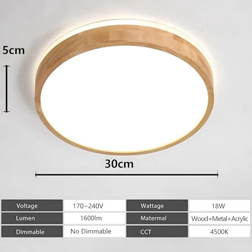 YYUTLUO LED Ceiling Light Wood, Top 360 Glow Round Natural Wooden Lamp | 4500K Natural White, 18W 1600lm | Living Room, Kitchen, Dining Room,