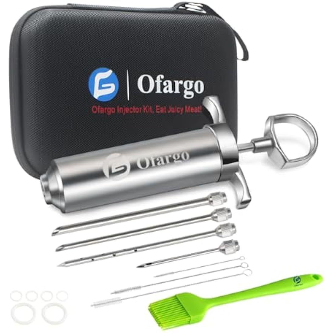 Ofargo 304-Stainless Steel Meat Injector Syringe with 4 Marinade Needles and Travel Case for BBQ Grill Smoker, 2-oz Large Capacity, Both Paper User Manual and E-Book Recipe