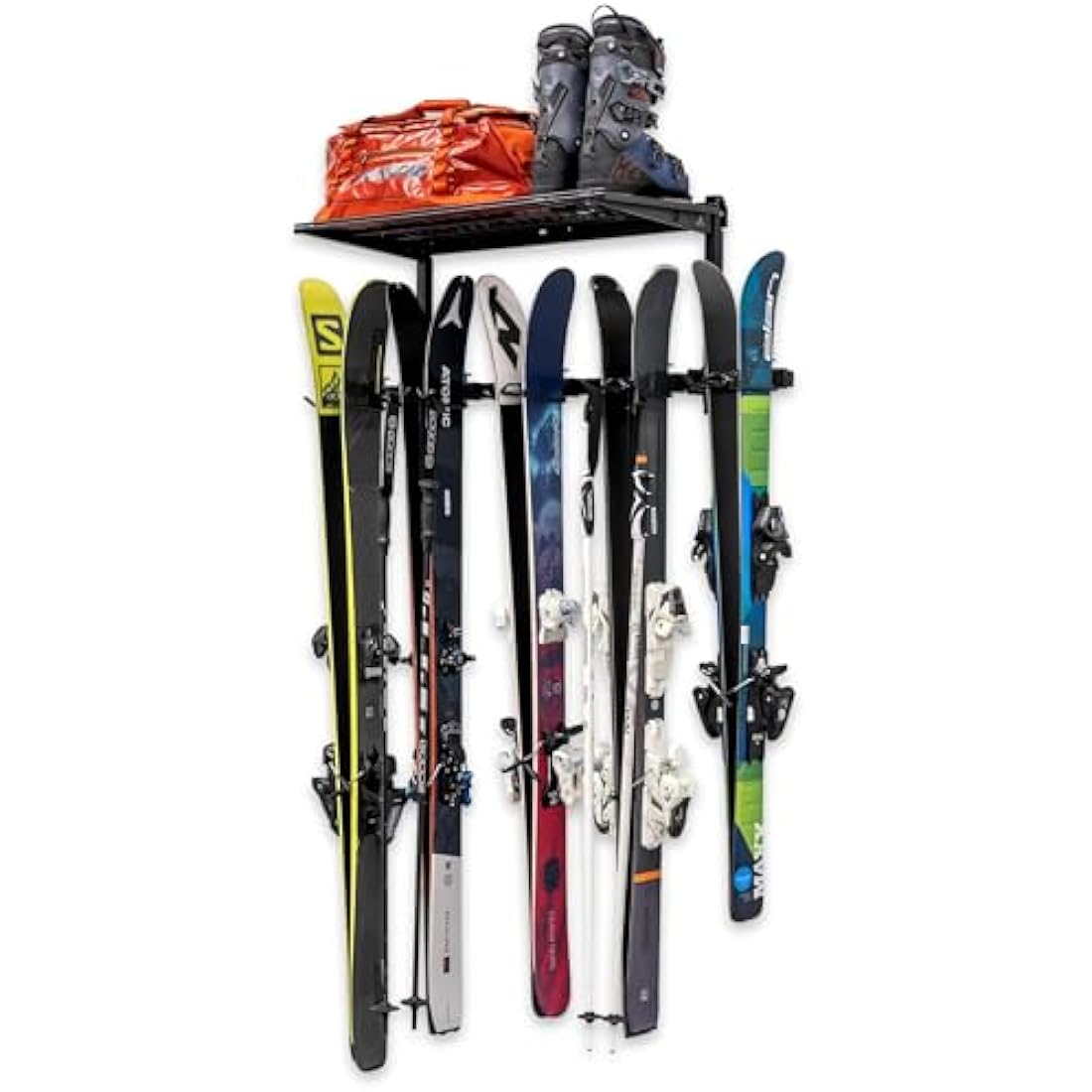 StoreYourBoard Ski Storage Rack with Shelf, Holds 5 Pairs, Heavy Duty Wall Mount Organizer, Home and Garage Hanger