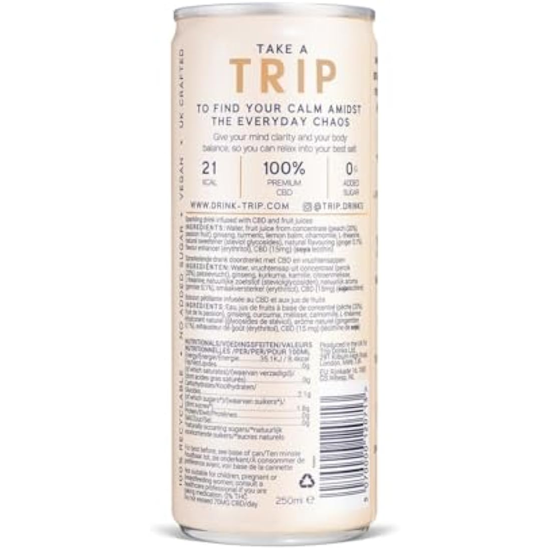 TRIP CBD Drink, Sparkling Peach Ginger Fizzy Drink, Low Calorie, Vegan (Pack of 24 x 250ml)