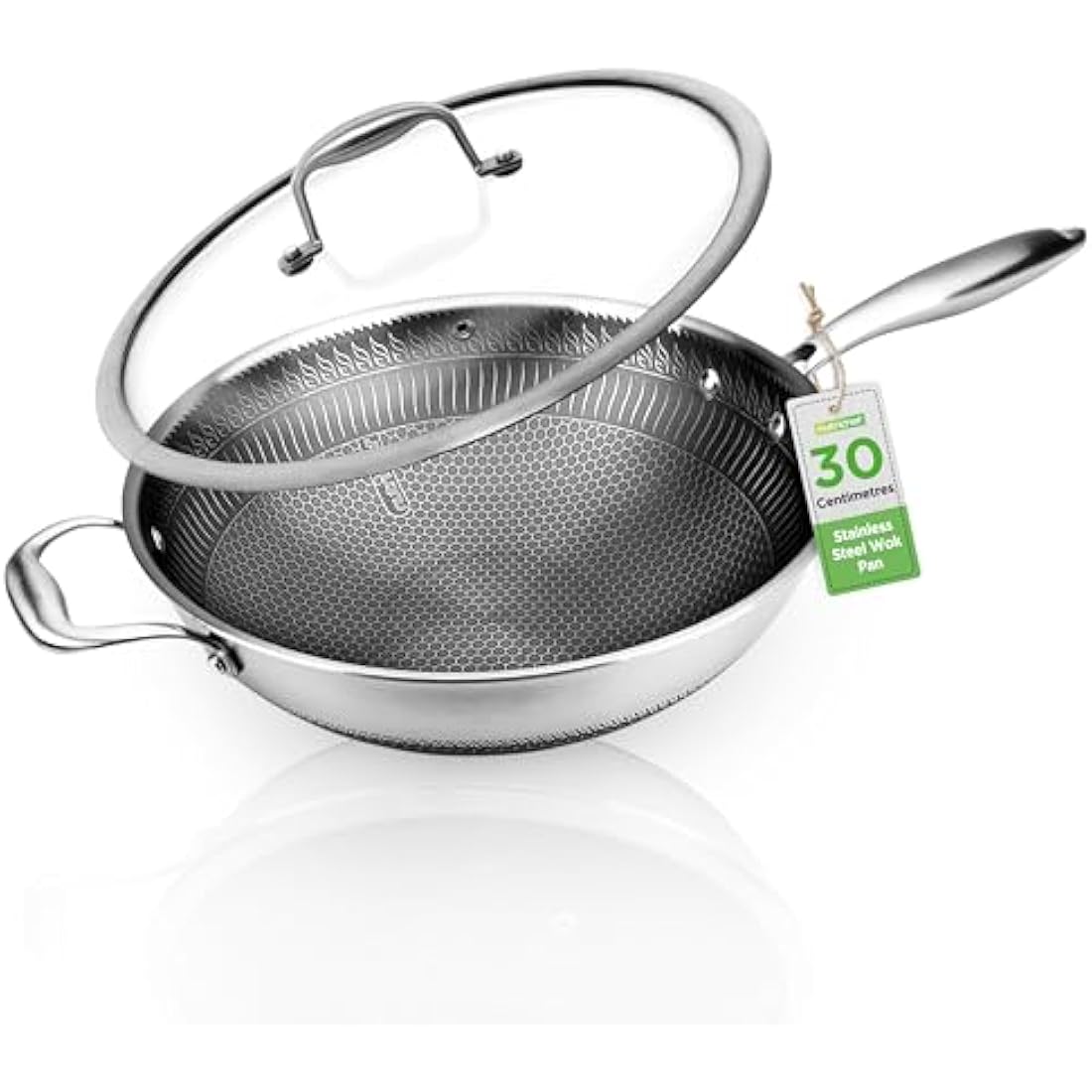 Nutrichef Nonstick Wok with Glass Lid – 30cm Hex Stainless Steel Stir Fry Cookware, Induction Compatible, Honeycomb Pattern, Scratch-Resistant, Deep Sauté Style, 12" Wok