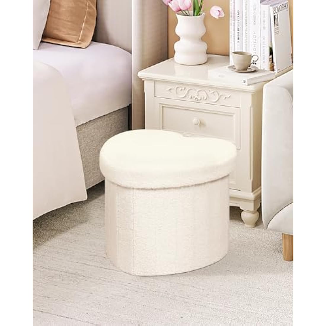 Bonlife White Boucle Ottoman with Storage,Foldable Footstool for living room,Toy Chest,Storage Seat Teddy Heart Shape Footrest,38X38X32cm