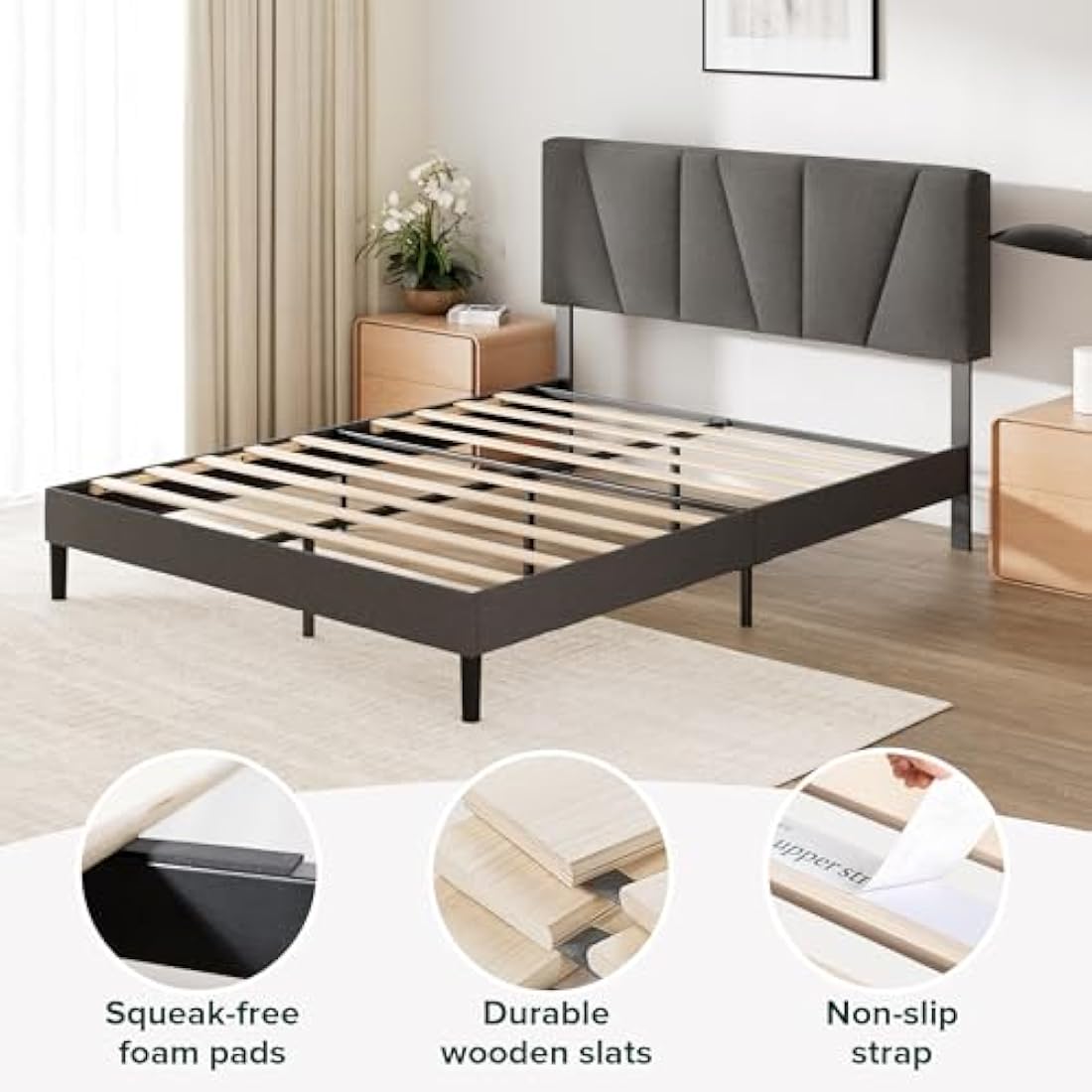 ZINUS Maya King Bed Frame – Bed 150 x 200 cm – 30cm Height – Upholstered platform bed frame with Headboard – Wooden slat support – Dark grey