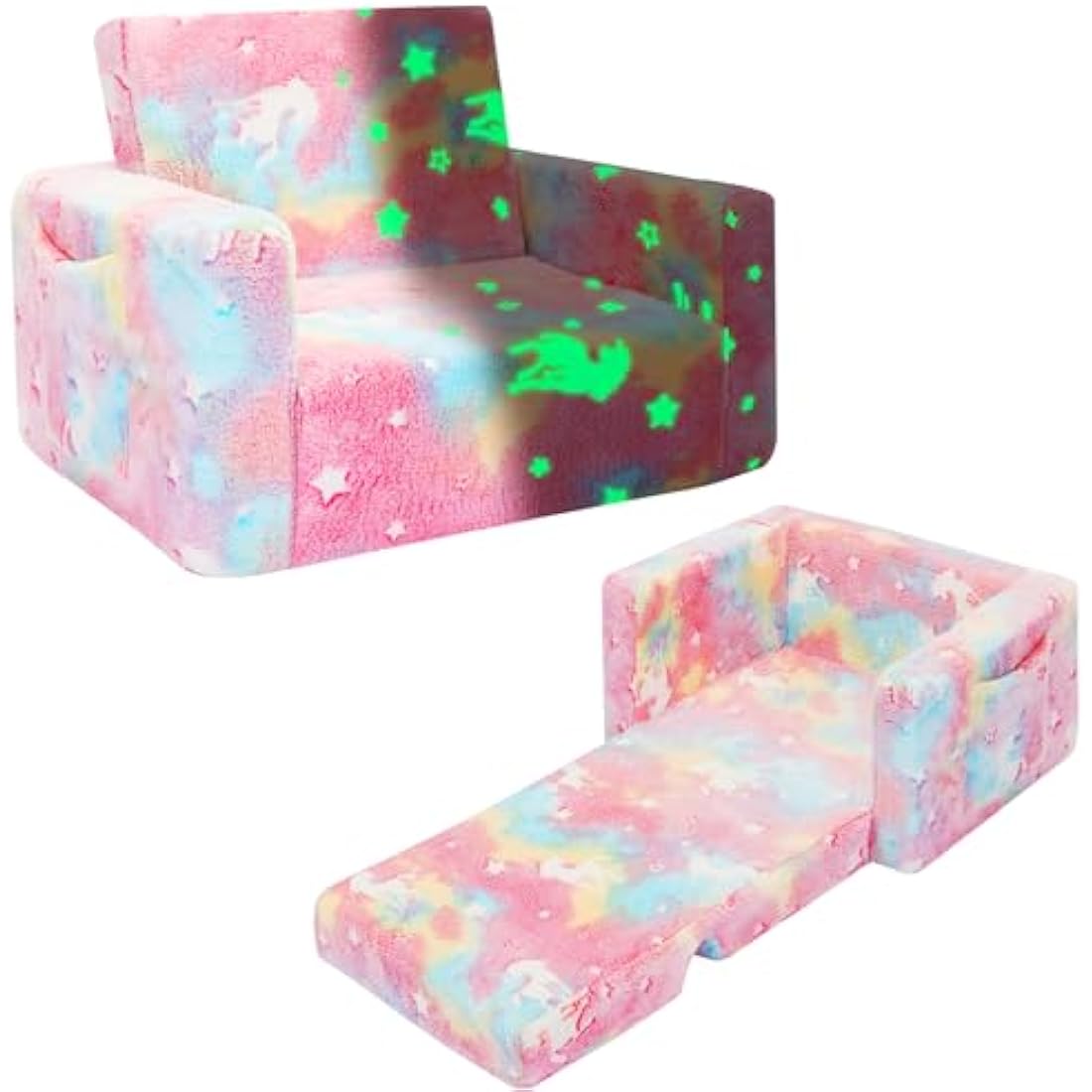 SLIGUY Toddler Couch, Kids Convertible Sofa to Lounger Pull Out Couch, Glow in the Dark Sofa Chair Gifts for Boys and Girls (Pink Unicorn)