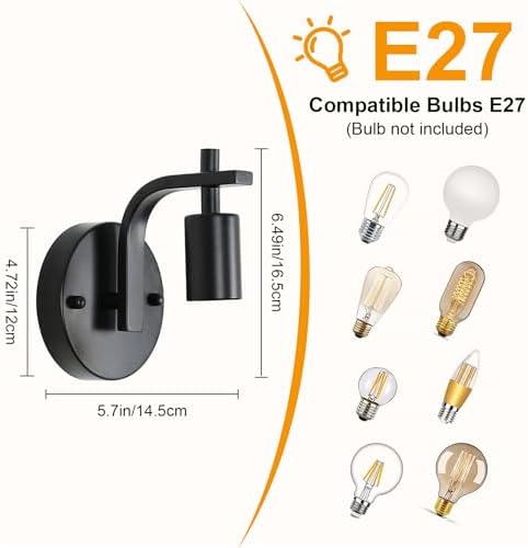 DELIPOP 4 Pack Industrial Wall Lights, Black Metal Wall Lamps, E27 Vintage Wall Sconce Lights, Wall Lighting Fixtures for Living Room, Bedroom, Kitchen, Hallway, Restaurant, Not Included Bulb