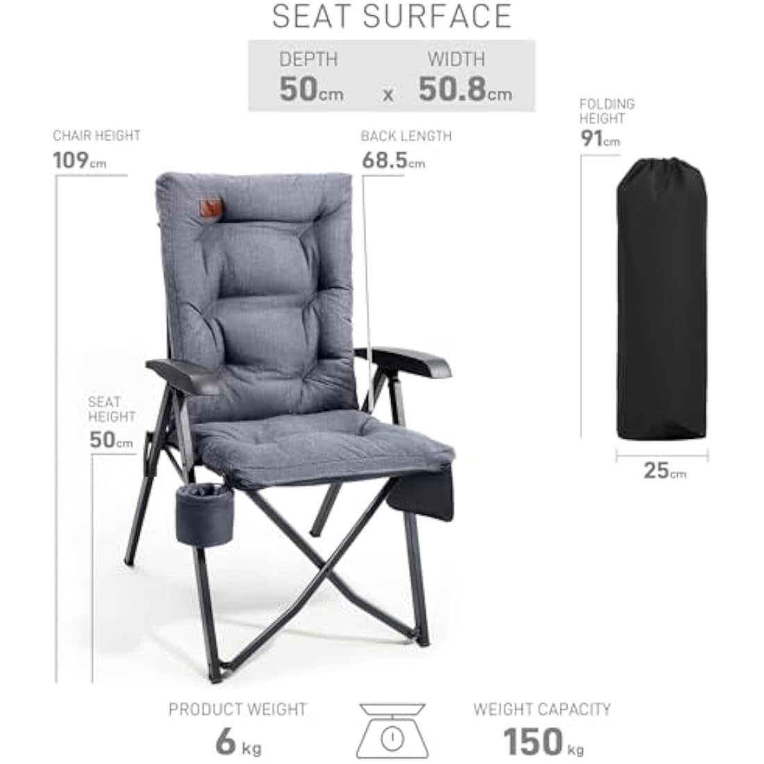EVER ADVANCED Luxury Camping Chairs for Adults Heavy Duty Loadable 150kg High Back Oversized Folding Garden Chair Padded 6cm Comfy with Cup Holder Side Pocket Dining Chairs 4-Position Recliner