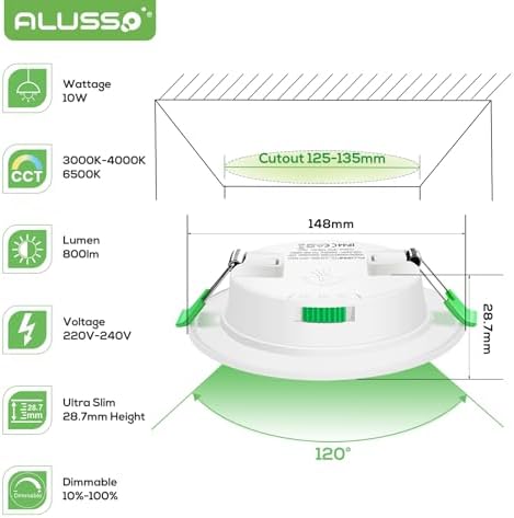 LED Recessed Ceiling Lights, 10W Dimmable Spotlights 28.7mm Ultra-Slim, 3000K Warm 4000K Neutral 6500K Cool Adjustable, Φ125-135mm Cutout, Round Downlights for Bathroom Kitchen Living Room, Pack of 6