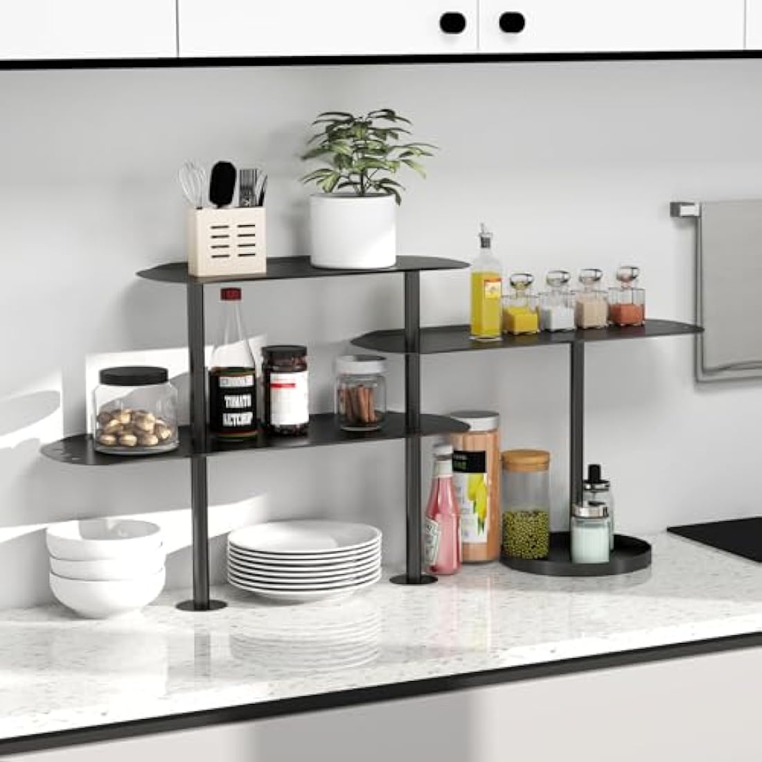 STWWO Kitchen Countertop Organizer,3 Tier Adjustable Corner Shelf Metal Spice Rack Freestanding Desktop Storage Rack for Kitchen Coffee Bar Bathroom Counter Plant, Black