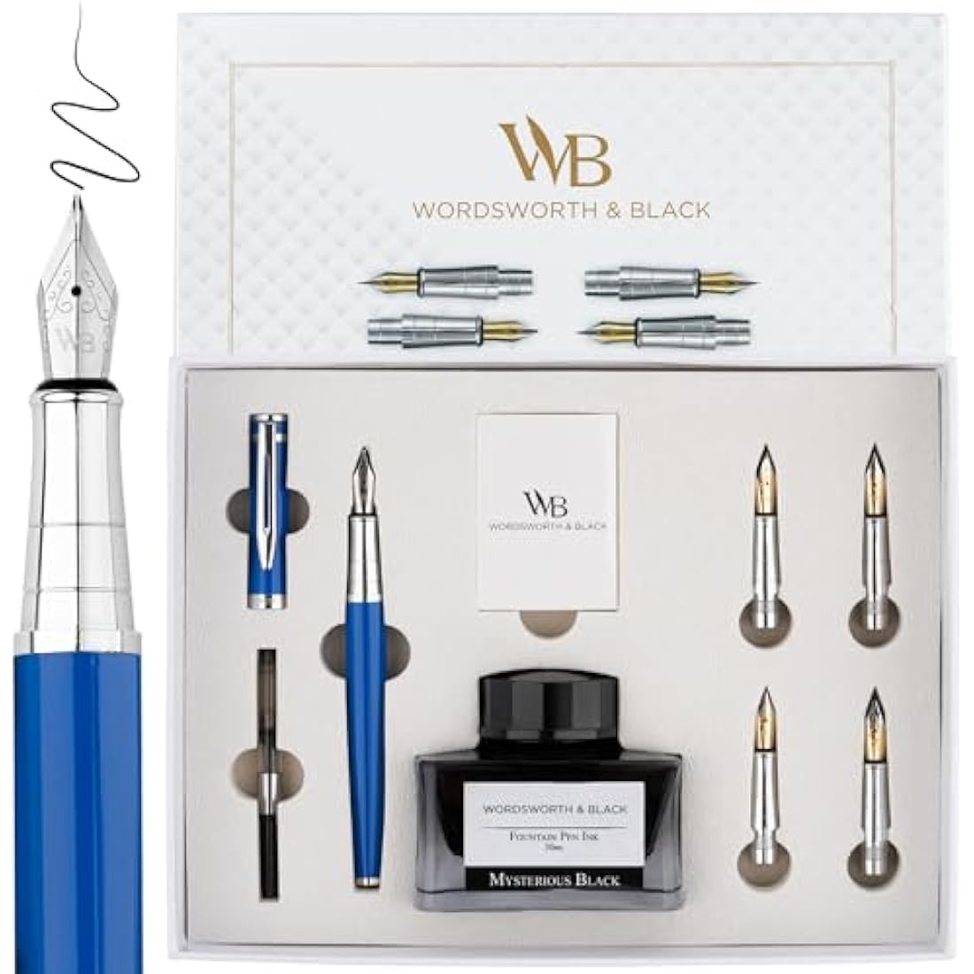 Wordsworth & Black Fountain Pen Gift Set, Includes Ink Bottle, 6 Ink Cartridges, A Refill Converter, 4 Replacement Nibs, Premium Package, Journaling, Calligraphy, Smooth Writing Pens [Blue Chrome]