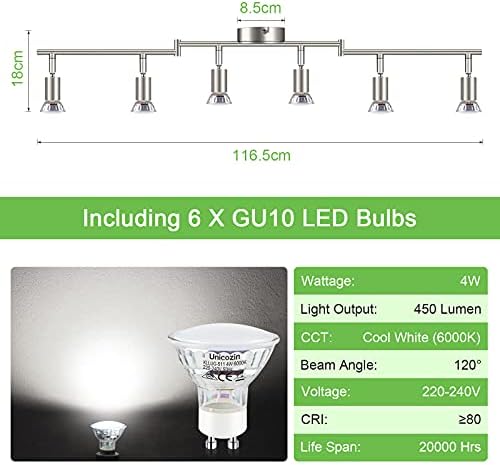 Unicozin LED Ceiling Light Rotatable, 6 Way LED Ceiling Spotlight, Matt Nickel & Swivelling Design, Including 6 X 4W GU10 LED Bulbs (450LM, Cool White 6000K),for Kitchen, Living Room, Bedroom
