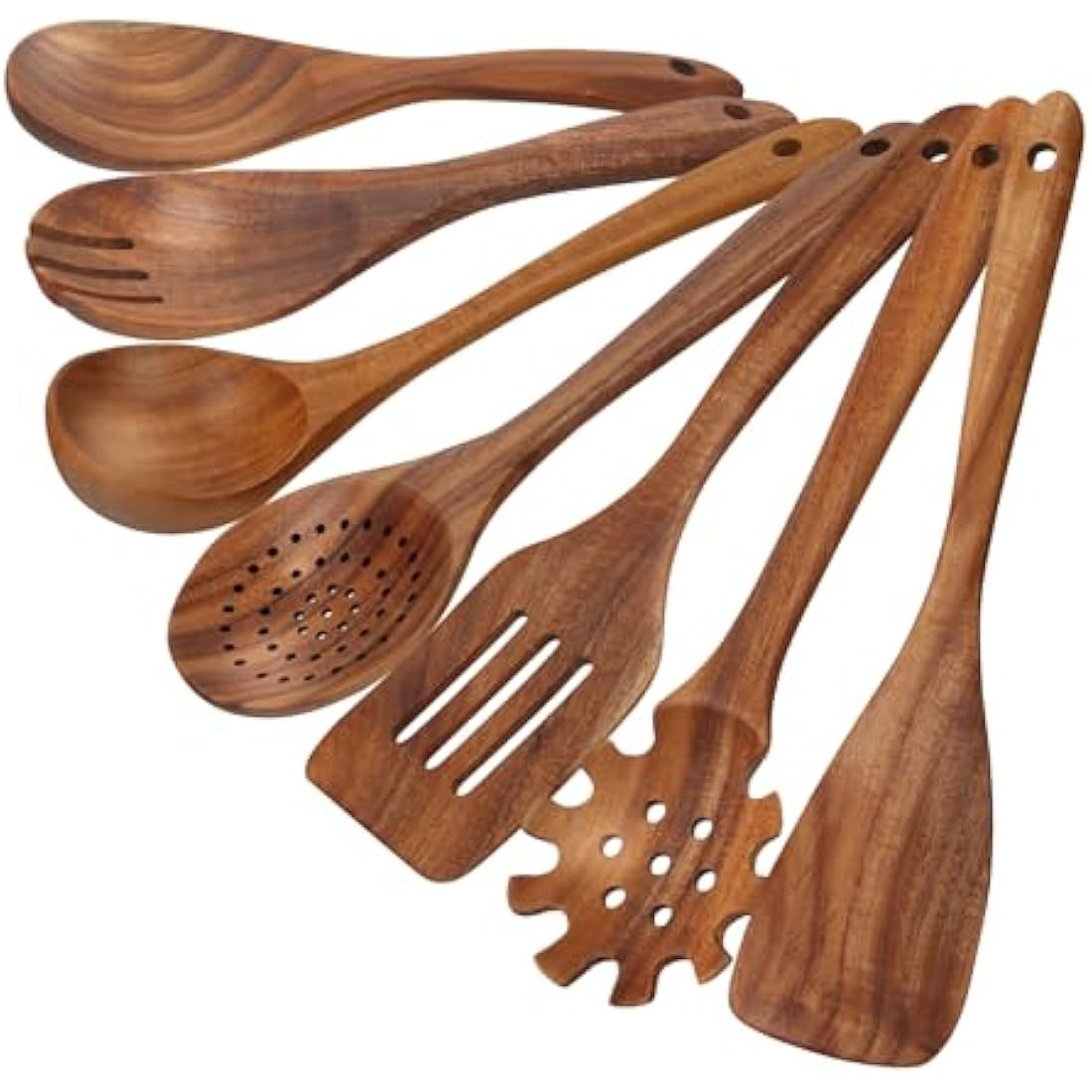 comfoyar Teak Wooden Spoons for Cooking, 7 Pieces Kitchen Cooking Utensils Set with Spatula and Ladle, Heat Resistant Kitchen Cookware for Nonstick Pan