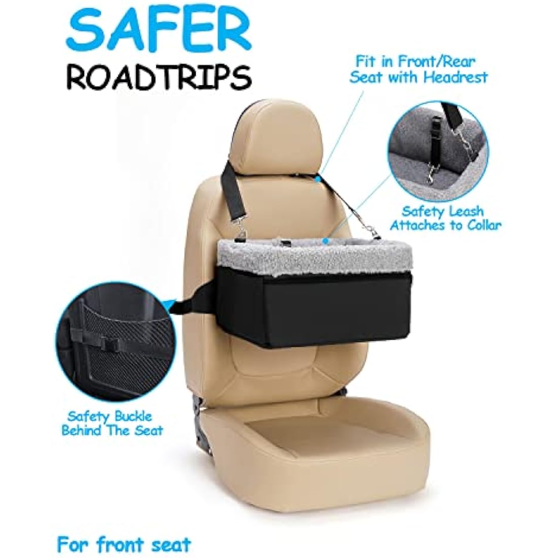 UNICITII Dog Car Seats for Small Dogs-Elevated Pet Dog Booster Seat for Dog,Raised Dog Lookout Car seat w/Clip-On Safety Leash Adjustable Pet Travel Seat, Black-9kg (BGUN-PS002c)