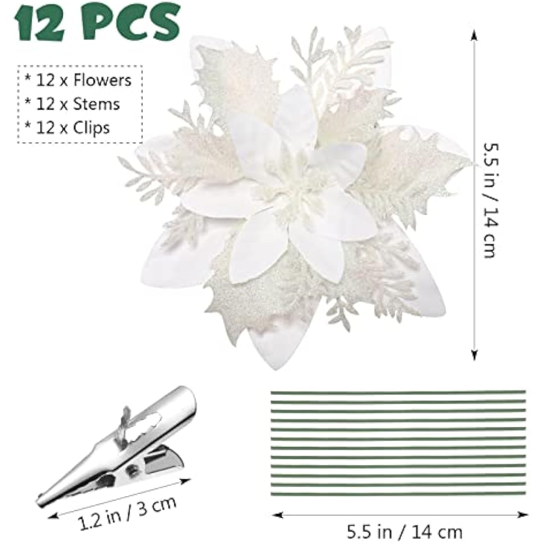 Toyvian Poinsettia Artificial Poinsettia Christmas Decorations Glitter Christmas Tree Flowers Decorations Novetly Artificial Chritstmas Flowers for Xmas Tree Decorations with Clips