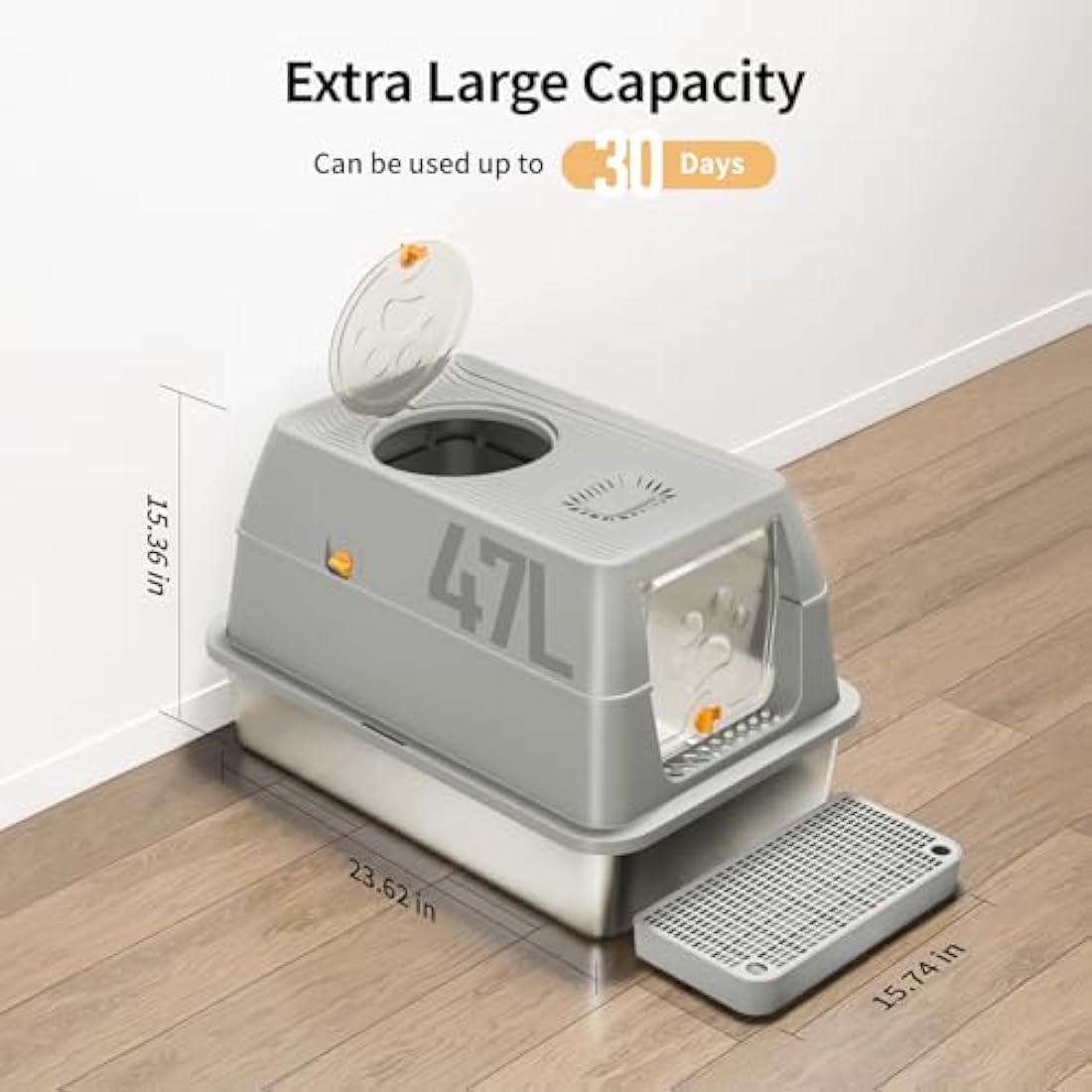 Stainless Steel Cat Litter Tray with Lid, XXL Enclosed Cat Litter Box with High Sided for Big Cats, with Removable Lid &Scoop - Grey