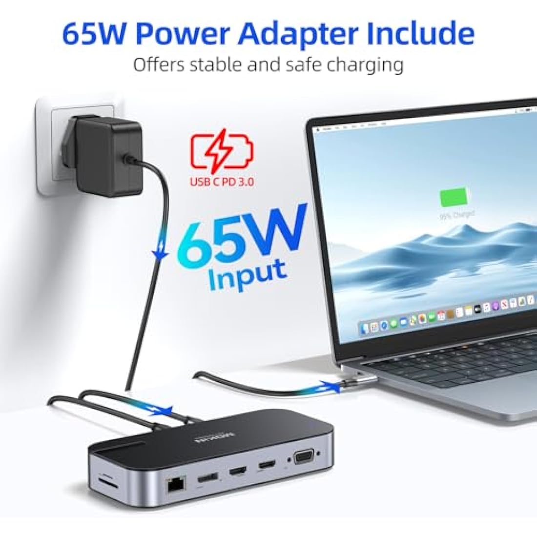 USB C Docking Station Dual Monitor with 65W Power Adapter 16 in 1 Laptop Docking Station Quad Monitor USB C Dock with Dual HDMI DisplayPort, VGA, 6 USB C/A, RJ45, 100W PD, Audio, SD/TF for Dell HP