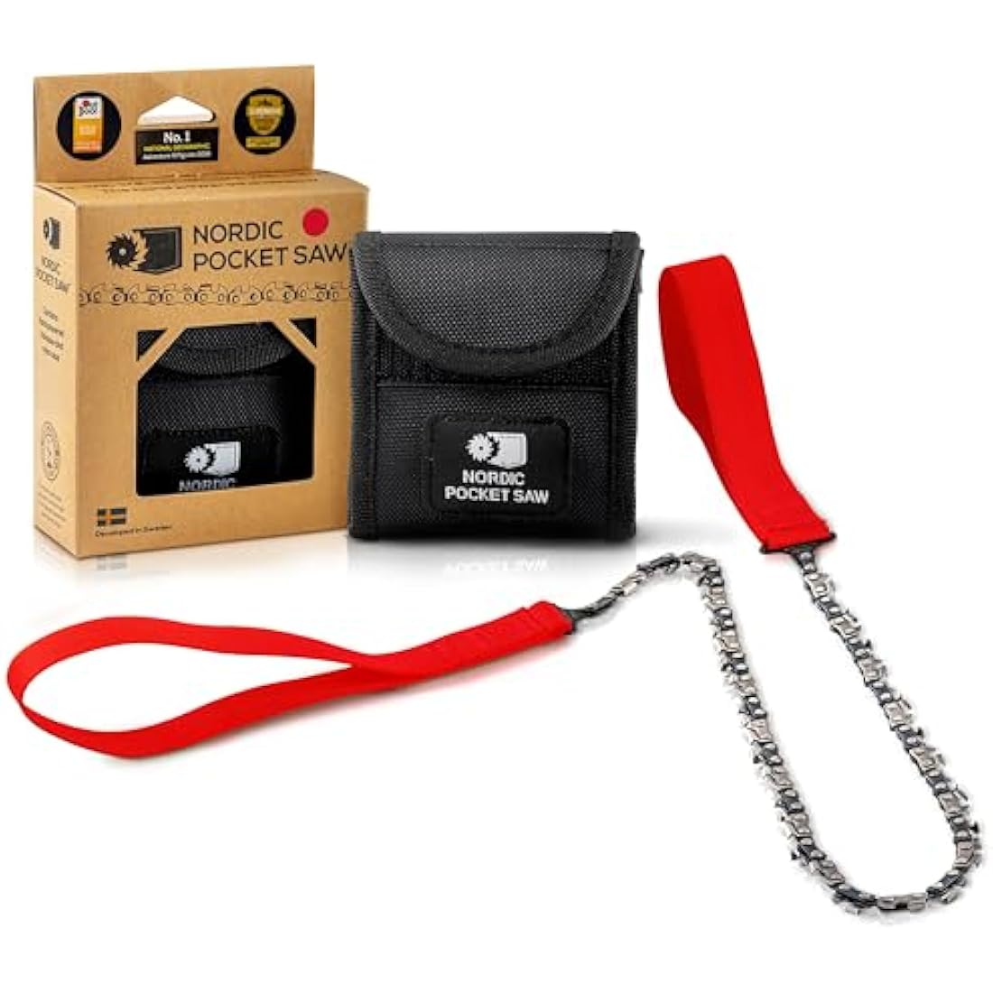 Nordic Pocket Saw for Camping - 65 cm Pocket Chainsaw with 33 Bi-Directional Teeth - Handy Backpacking Saw with Extra Large Nylon Handle Loops - Survival Chainsaw for Clearing Trails