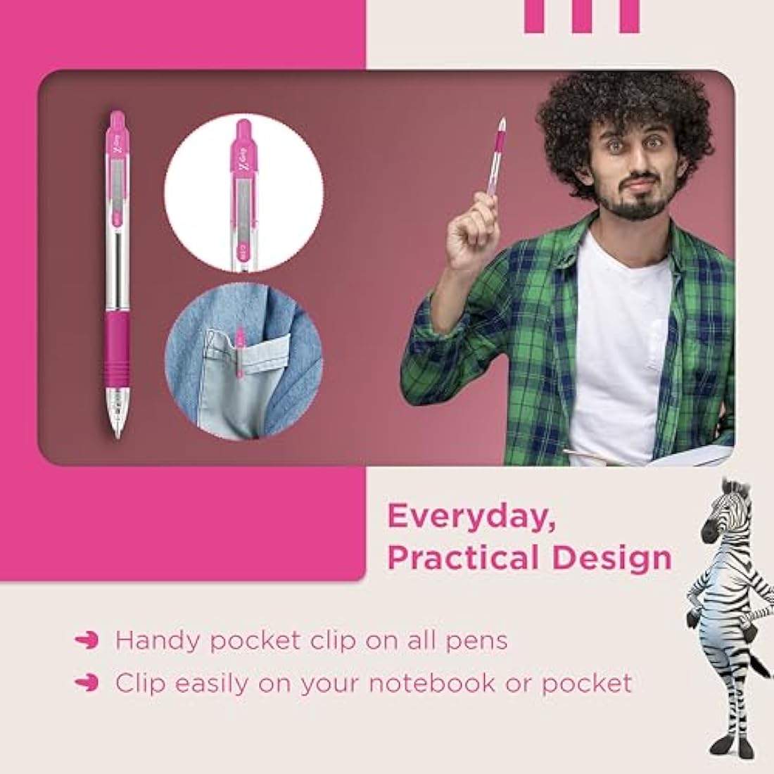 Zebra Pen Z Grip Pink Pens Ballpoint, Smooth & Comfortable Pens with Pocket Clip, Retractable Ballpoint Pens with Pink Ink, Reliable Biro Pens Multipack for Everyday Use - Medium Point, 12pk
