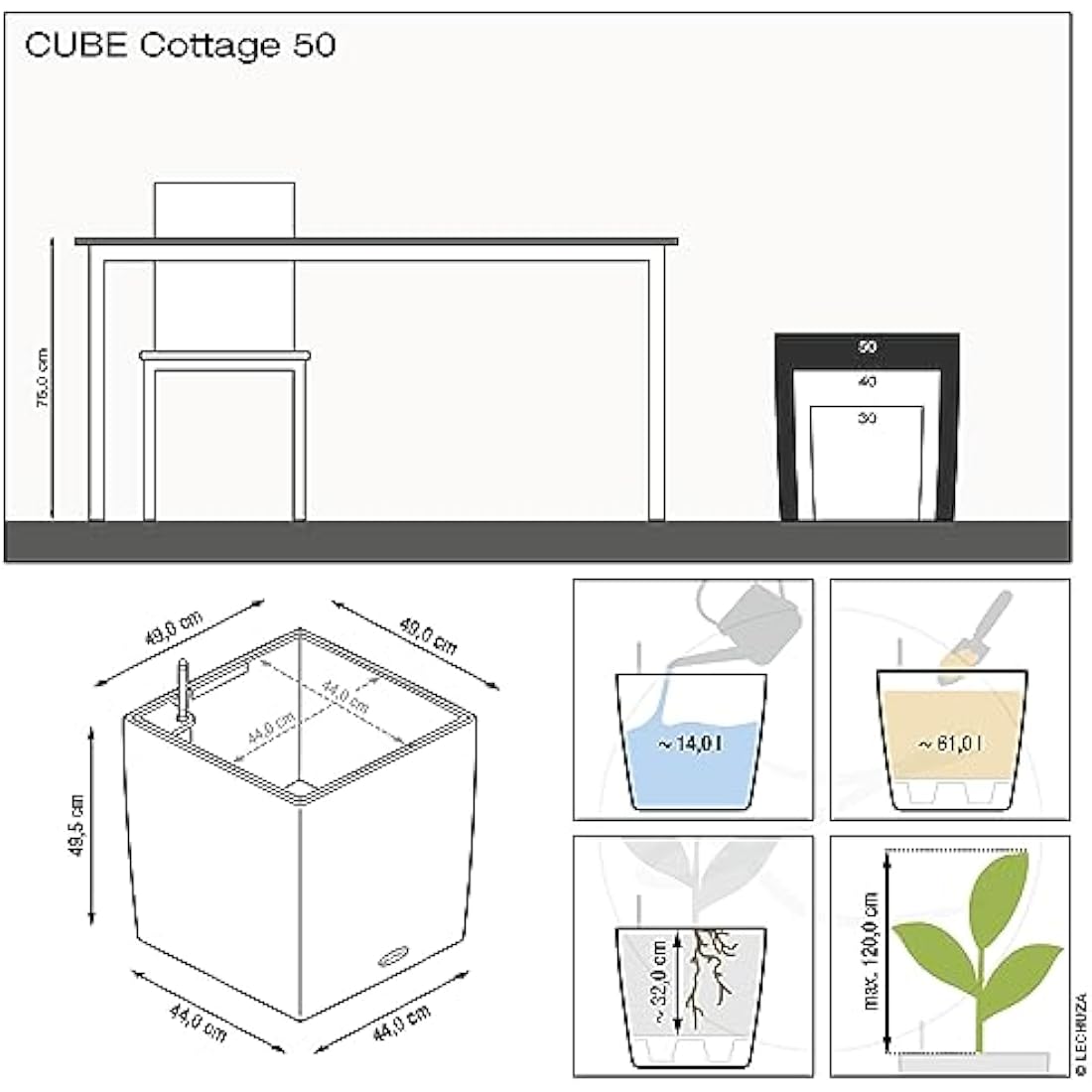 LECHUZA CUBE Cottage 50 granite 15392
