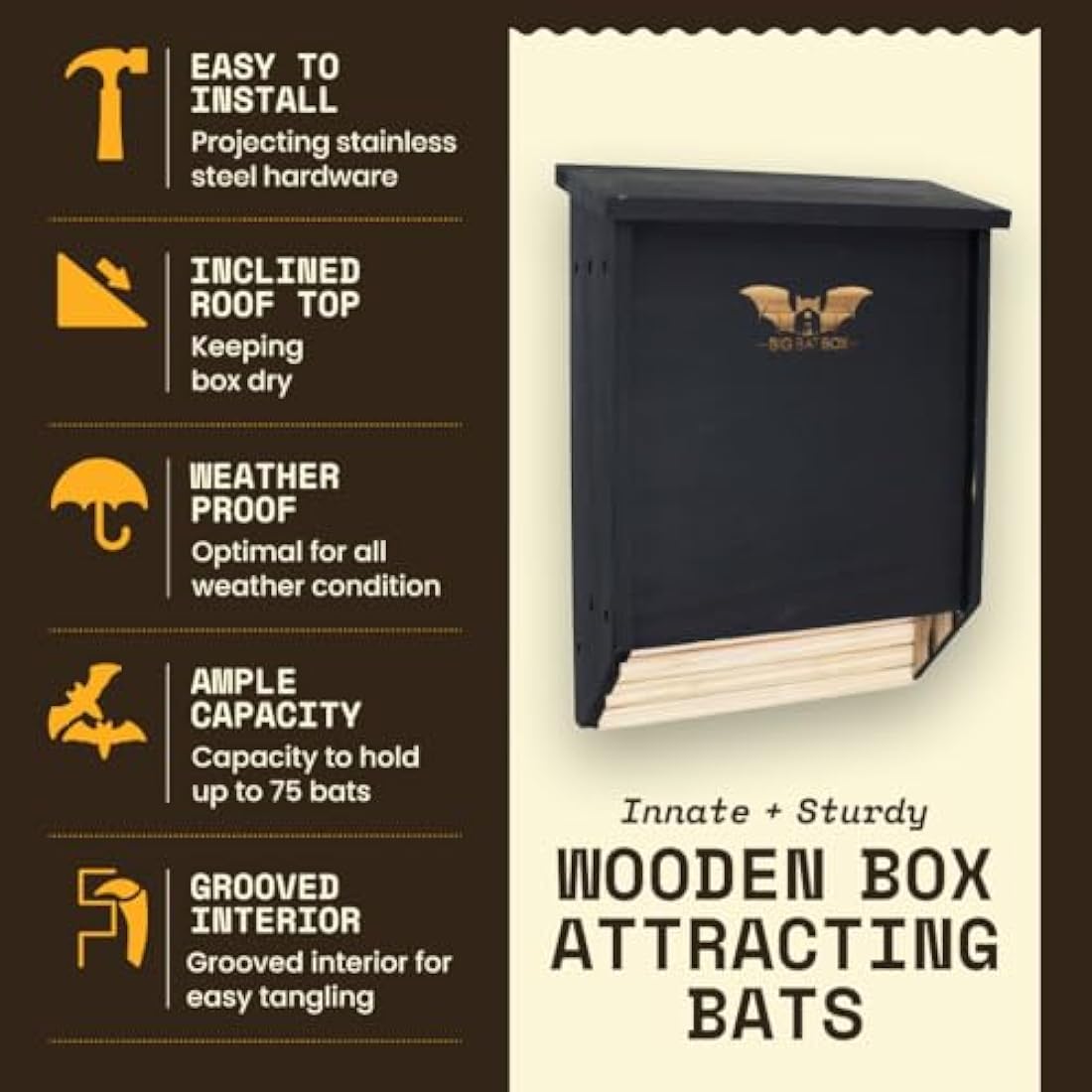 WildYard - The Complete Bat House for Outdoors - Clean Your Backyard from Mosquitoes - Bat Box Without Paint Inside - 2 Chamber Bat Hose - Easy to Hang