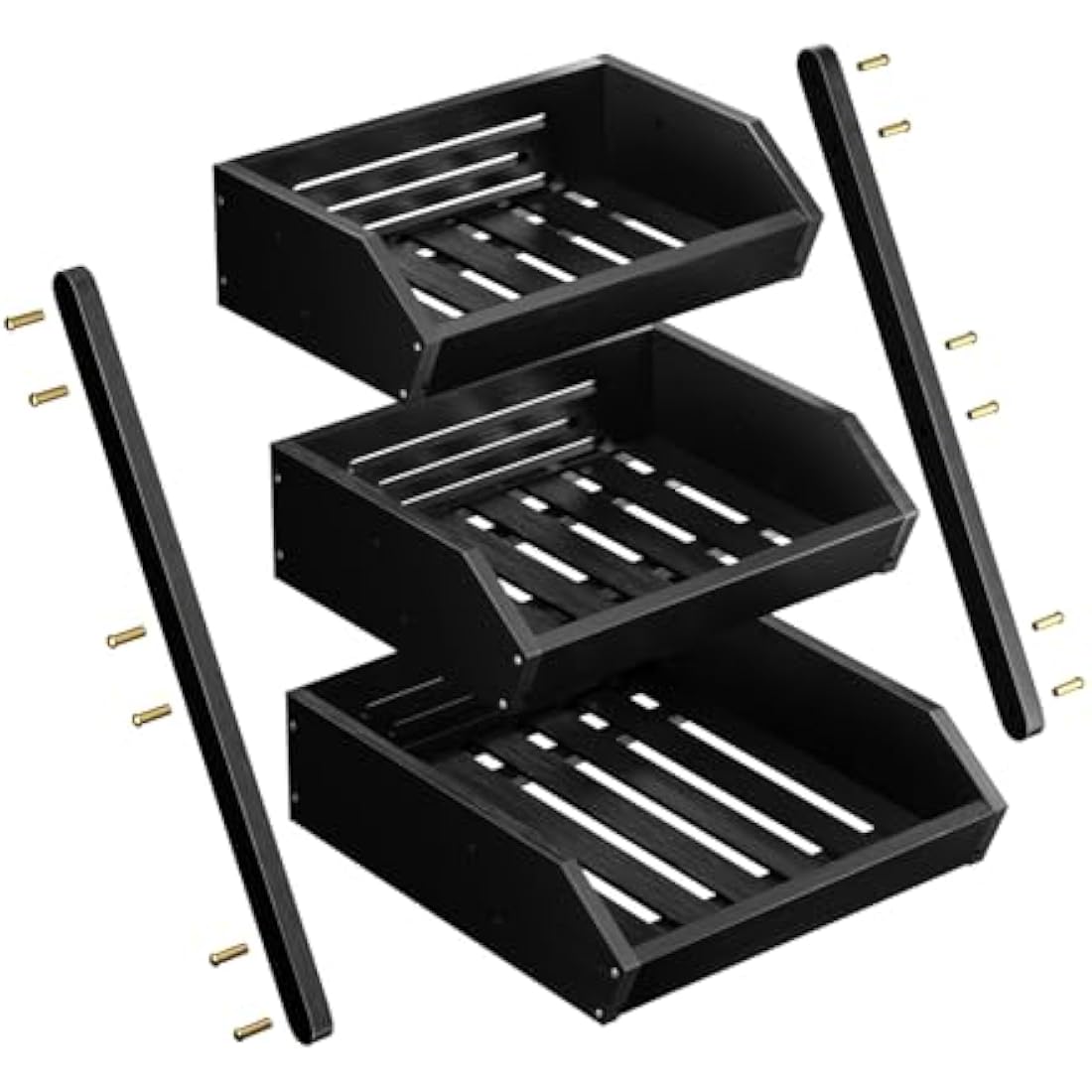 CALM COZY Bamboo Fruit Basket, 3-Tier Fruit Rack Holder Organiser for Countertop, Decorative Fruit Bowl Vegetables Bread Storage Stand for Kitchen, Black