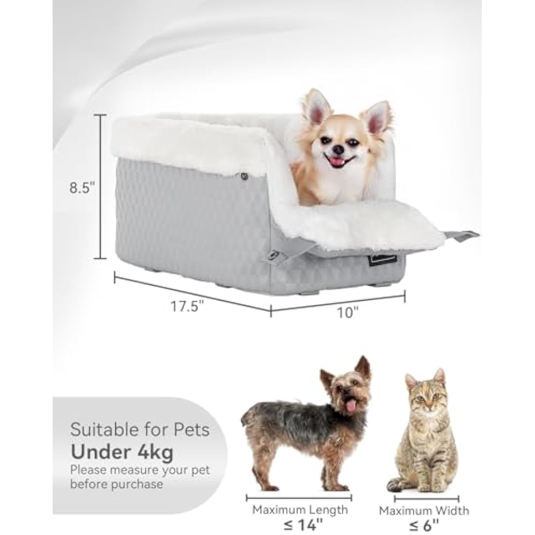 PETSFIT Center Console Dog Car Seat - Secure Safety Hooks & Upgraded Tethers, Removable Washable Cushion for Small Pets up to 6kg (Light Grey)